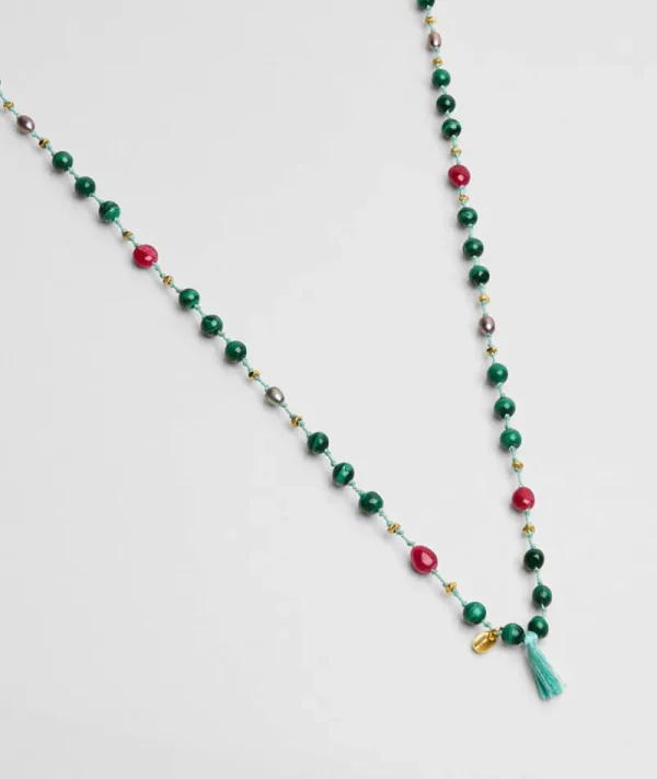 Sautoir Mala Pompon Malachite^Une A Une Clearance